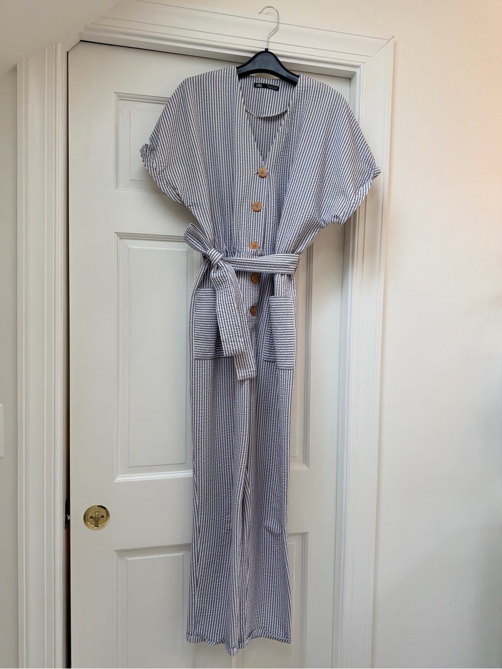 Seersucker Short-Sleeve Button-Front Jumpsuit with Belt